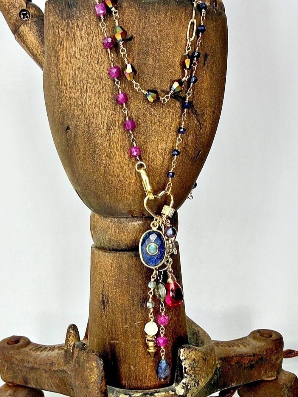 Long Mixed Gemstone Artisanal Charm Necklace, Ruby Lapis Lazuli
